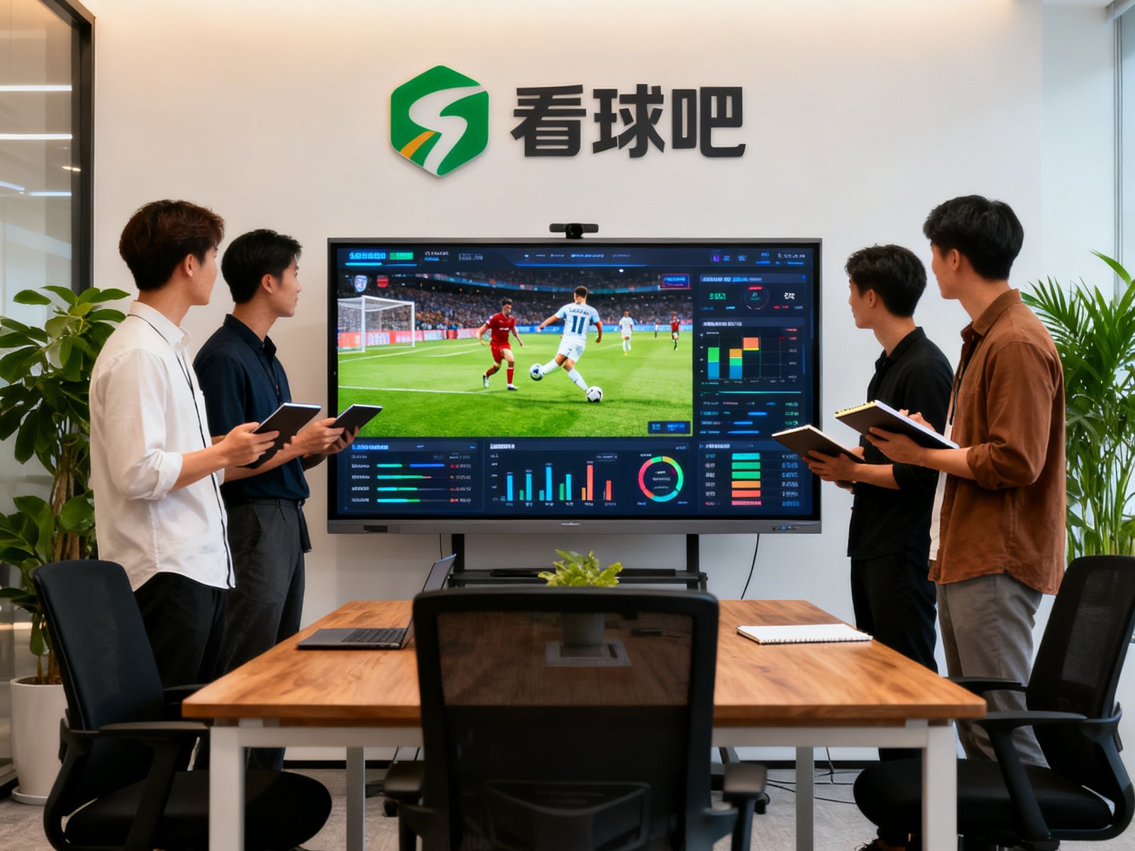 看球吧團隊在現代化辦公室內圍繞大屏幕討論賽事數據，屏幕顯示實時足球比賽畫面與數據分析圖表